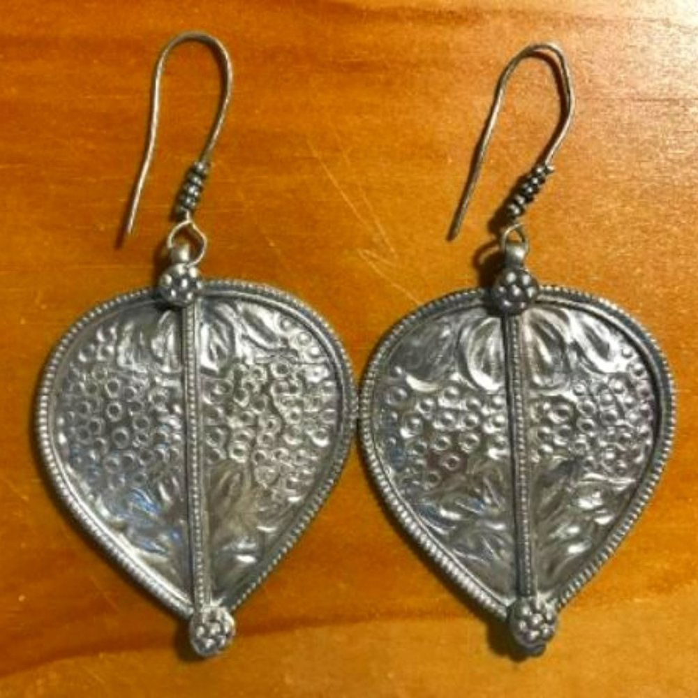 Handmade Large Artisan Drop Dangle Chandelier Stamped Grapes Leaf Earrings